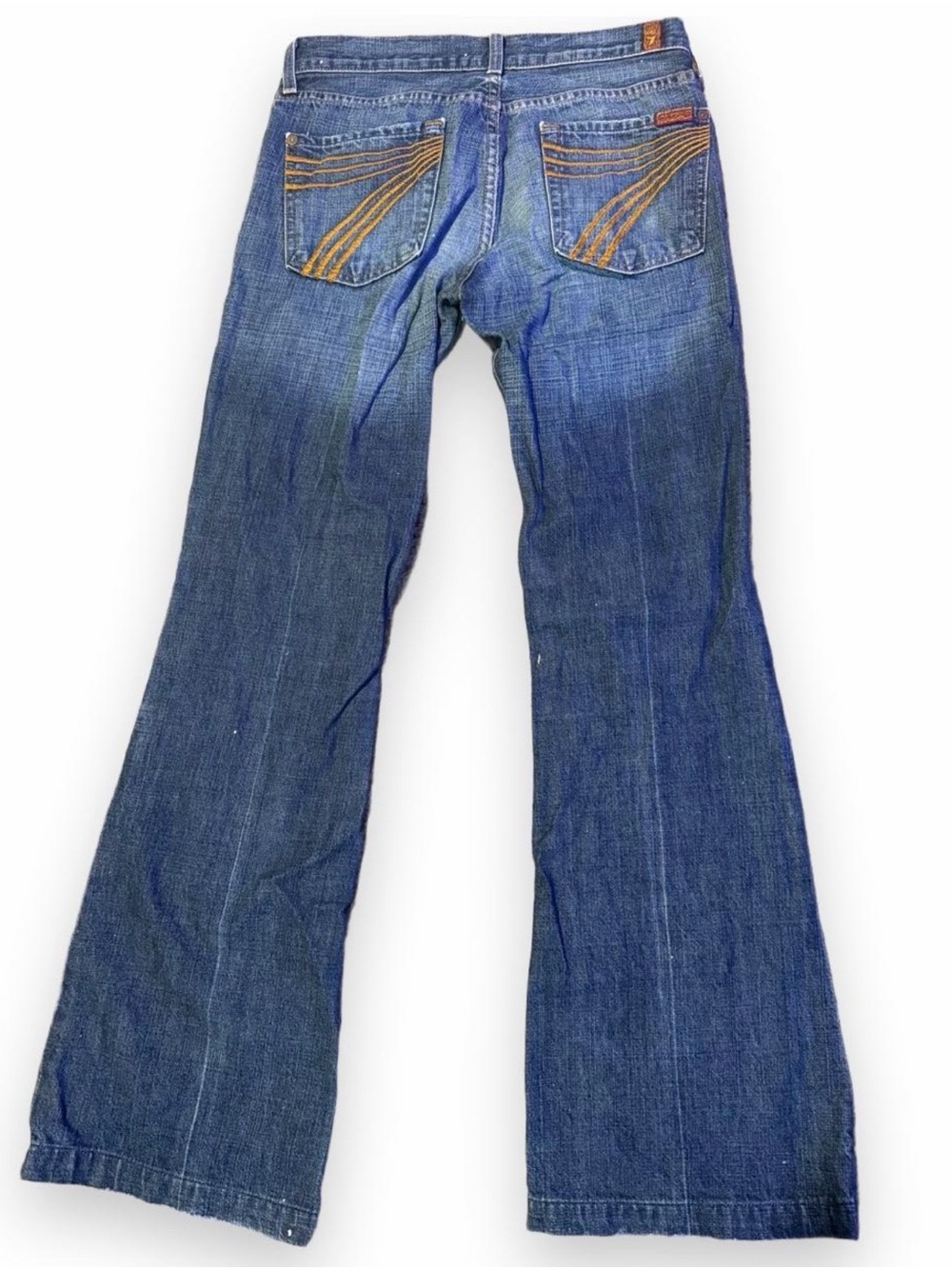 7 For All Mankind Blue Denim Flared Jeans with Orange Pocket Stitching